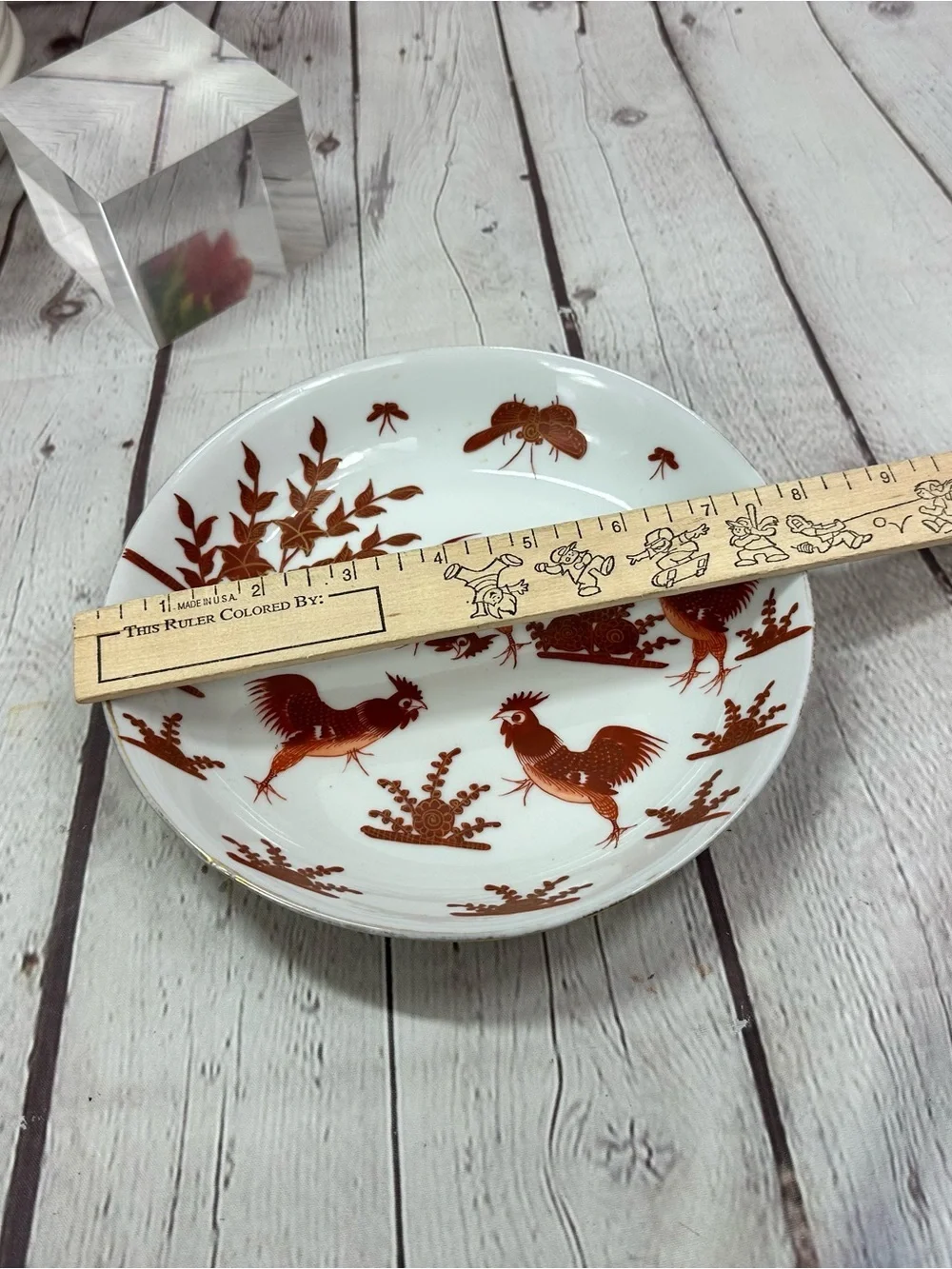 Vtg bowl Rust Red Rooster farmhouse rustic folk-art country cottage butterfly